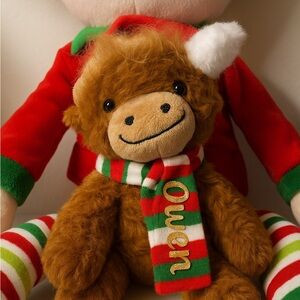 Christmas Highland Cow Plush Personalized Scarf Elf Bundle Available